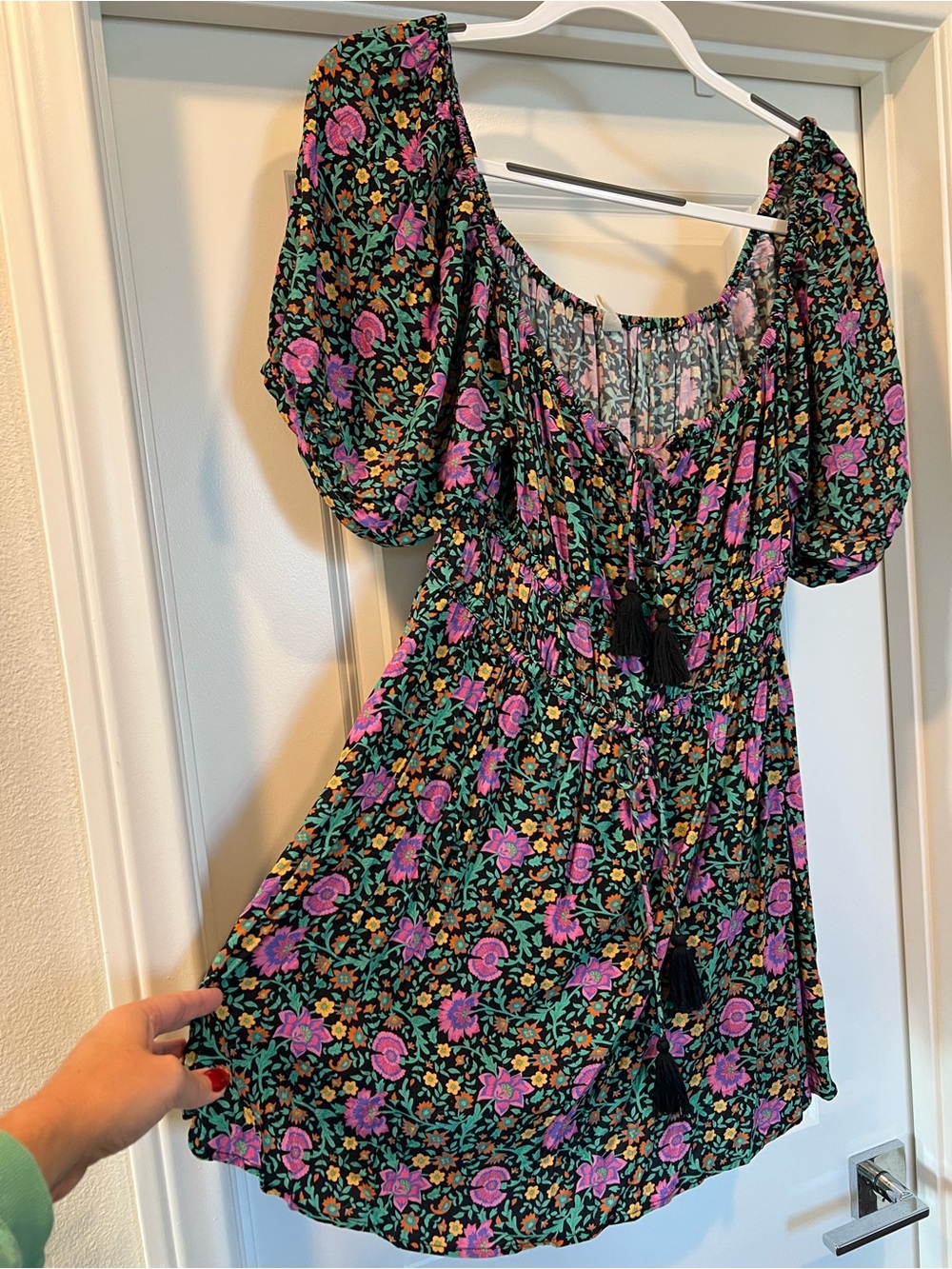 Spell Black Floral Puff-Sleeve Mini Dress with Pink and Green Flowers